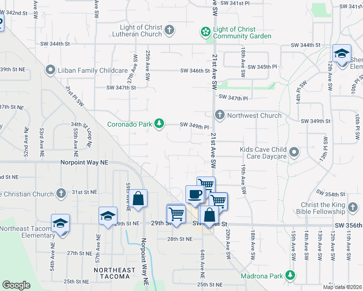 map of restaurants, bars, coffee shops, grocery stores, and more near 2315 Southwest 350th Place in Federal Way