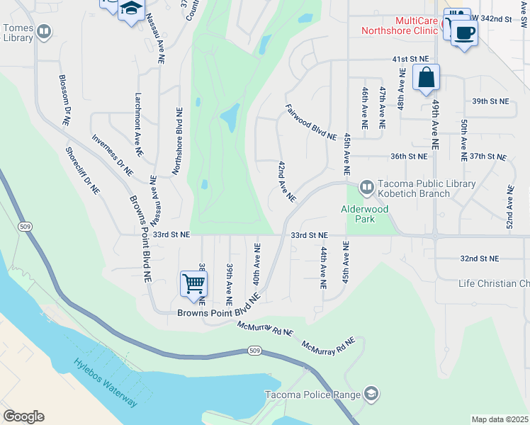 map of restaurants, bars, coffee shops, grocery stores, and more near 4009 Pinehurst Drive Northeast in Tacoma