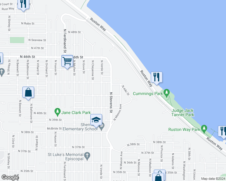 map of restaurants, bars, coffee shops, grocery stores, and more near 4209 North Stevens Street in Tacoma