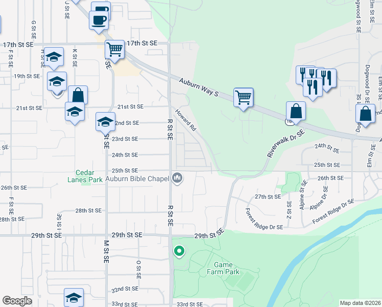 map of restaurants, bars, coffee shops, grocery stores, and more near 2302 R Street Southeast in Auburn