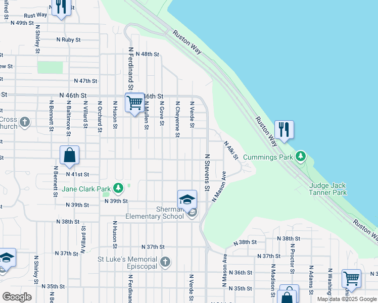 map of restaurants, bars, coffee shops, grocery stores, and more near 4212 North Verde Street in Tacoma