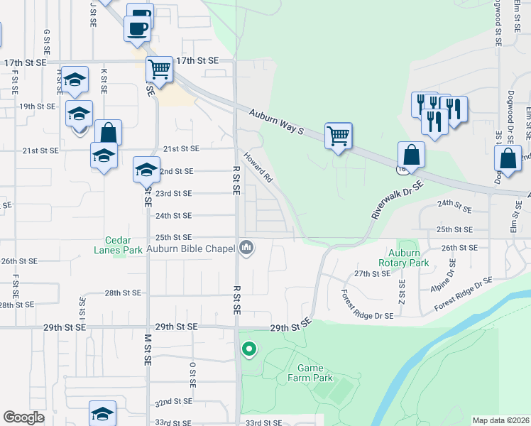 map of restaurants, bars, coffee shops, grocery stores, and more near 2302 R Street Southeast in Auburn