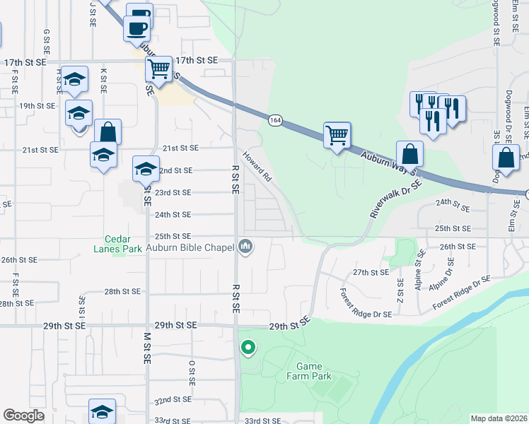 map of restaurants, bars, coffee shops, grocery stores, and more near 2302 R Street Southeast in Auburn