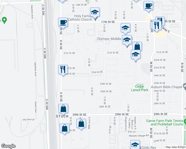 map of restaurants, bars, coffee shops, grocery stores, and more near 428 23rd Street Southeast in Auburn