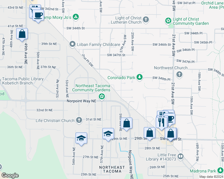 map of restaurants, bars, coffee shops, grocery stores, and more near 35017 28th Avenue Southwest in Federal Way