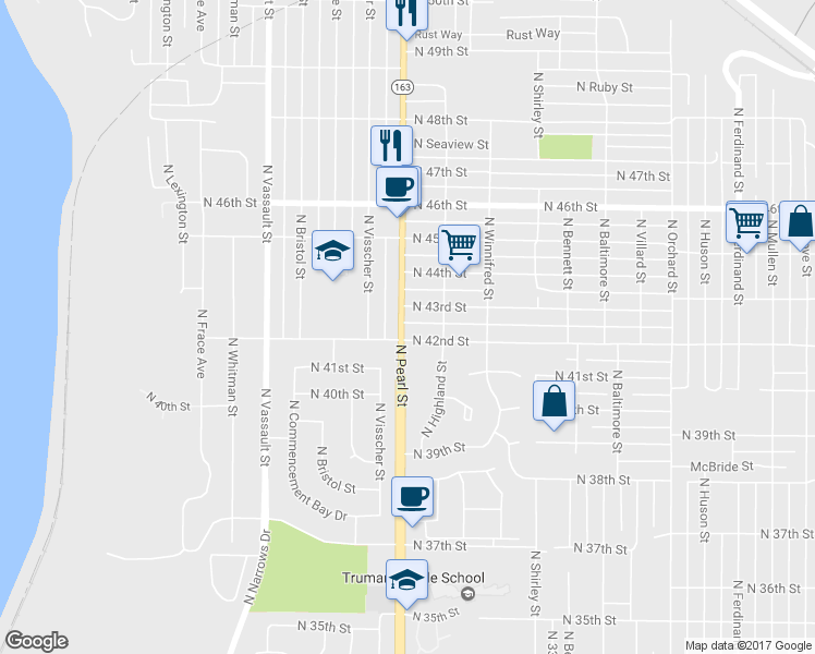 map of restaurants, bars, coffee shops, grocery stores, and more near 4205 Washington 163 in Tacoma