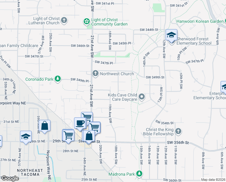 map of restaurants, bars, coffee shops, grocery stores, and more near 35022 19th Ave SW in Federal Way