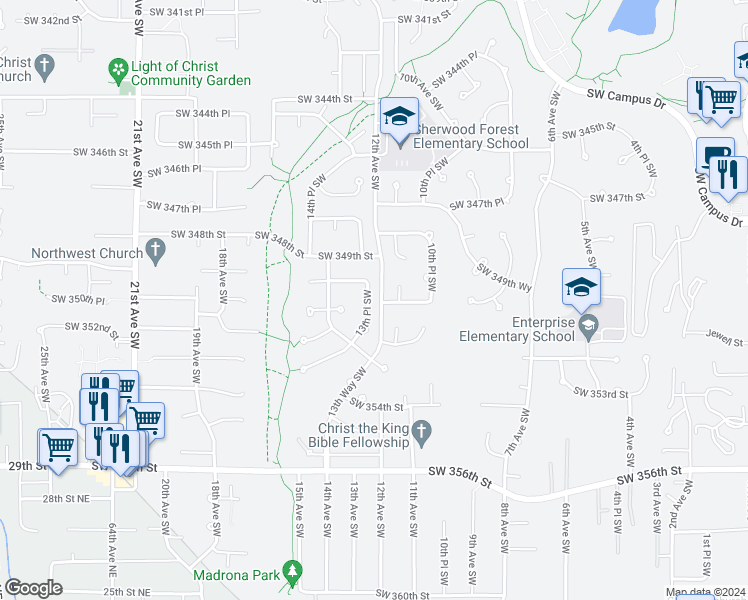map of restaurants, bars, coffee shops, grocery stores, and more near 35024 13th Place Southwest in Federal Way