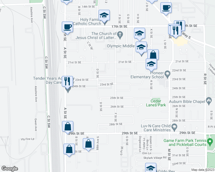 map of restaurants, bars, coffee shops, grocery stores, and more near 428 23rd Street Southeast in Auburn
