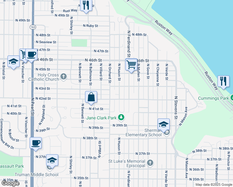 map of restaurants, bars, coffee shops, grocery stores, and more near 4207 North Huson Street in Tacoma