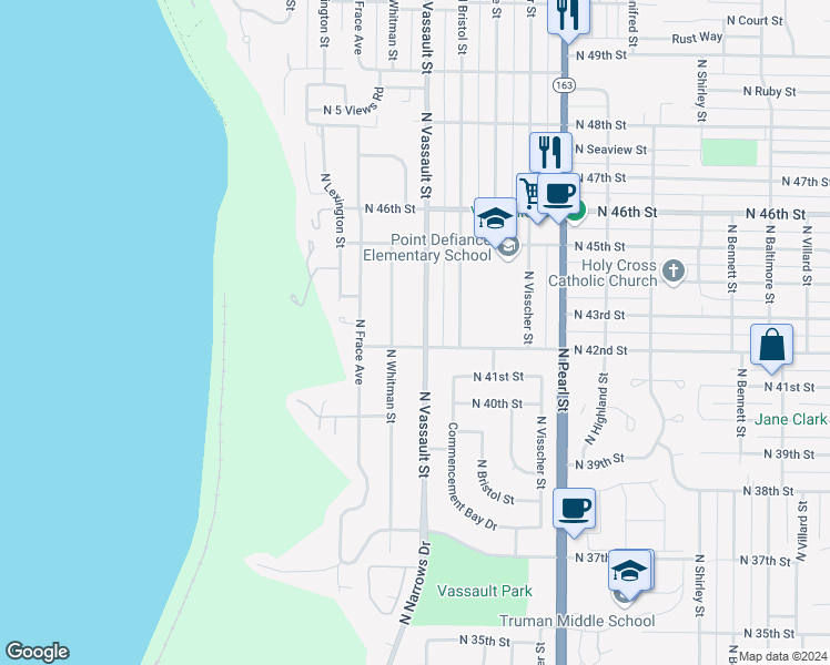 map of restaurants, bars, coffee shops, grocery stores, and more near 4210 North Vassault Street in Tacoma