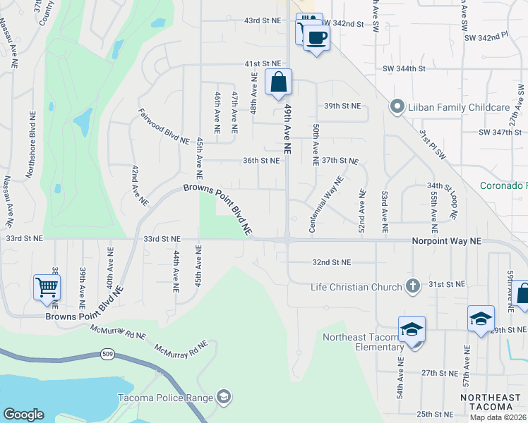 map of restaurants, bars, coffee shops, grocery stores, and more near 3328 48th Avenue Court Northeast in Tacoma