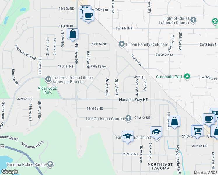 map of restaurants, bars, coffee shops, grocery stores, and more near 3415 52nd Avenue Northeast in Tacoma
