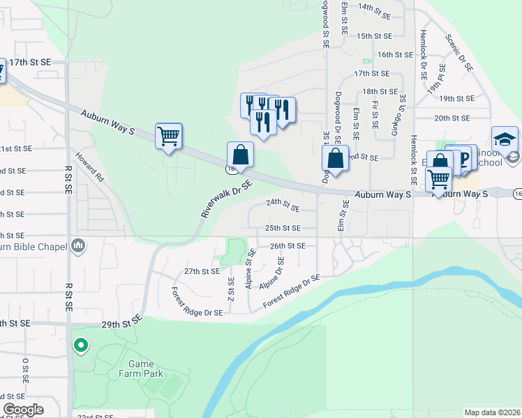 map of restaurants, bars, coffee shops, grocery stores, and more near 2460 24th Street Southeast in Auburn