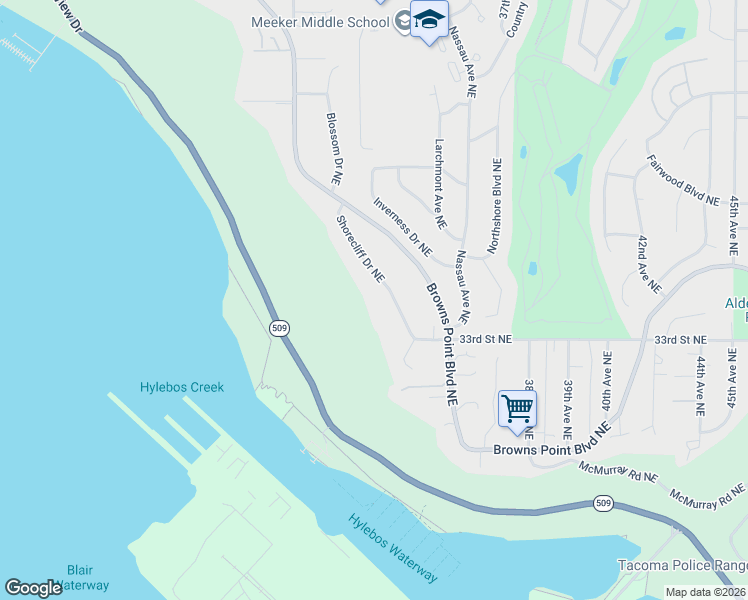 map of restaurants, bars, coffee shops, grocery stores, and more near 3334 Shorecliff Drive Northeast in Tacoma