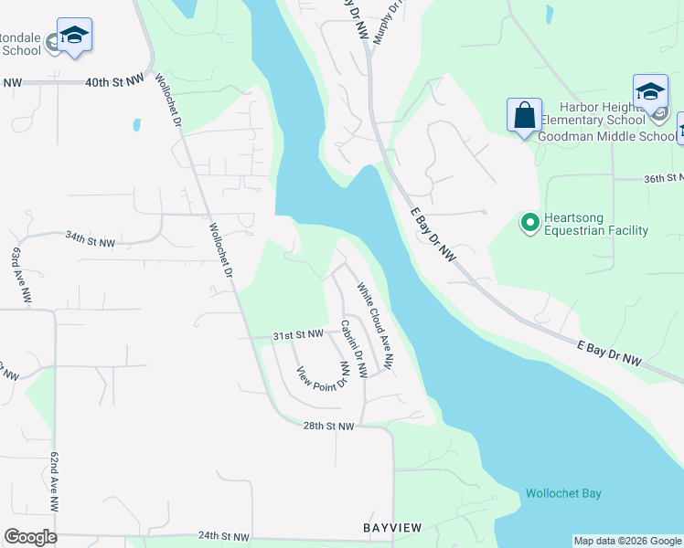 map of restaurants, bars, coffee shops, grocery stores, and more near 3223 Cabrini Drive Northwest in Gig Harbor