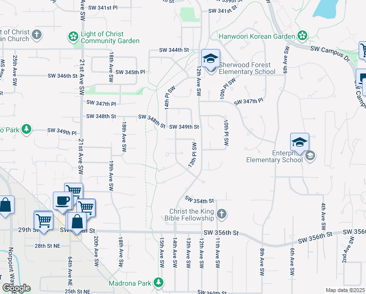 map of restaurants, bars, coffee shops, grocery stores, and more near 1338 Southwest 351st Street in Federal Way