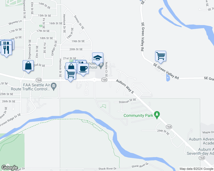 map of restaurants, bars, coffee shops, grocery stores, and more near 3611 Auburn Way South in Auburn