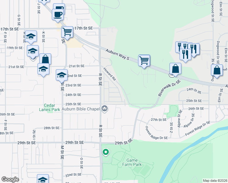 map of restaurants, bars, coffee shops, grocery stores, and more near 2302 R Street Southeast in Auburn