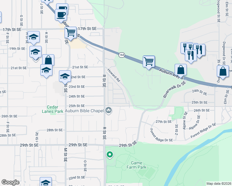 map of restaurants, bars, coffee shops, grocery stores, and more near 2302 R Street Southeast in Auburn