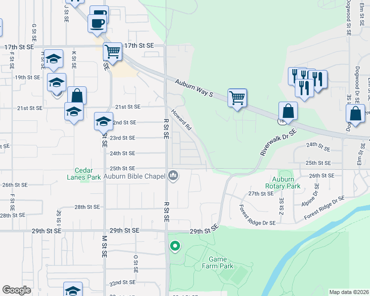 map of restaurants, bars, coffee shops, grocery stores, and more near 2302 R Street Southeast in Auburn