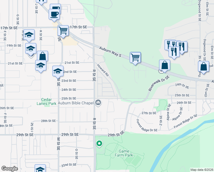 map of restaurants, bars, coffee shops, grocery stores, and more near 2302 R Street Southeast in Auburn