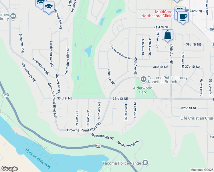 map of restaurants, bars, coffee shops, grocery stores, and more near 4009 Pinehurst Drive Northeast in Tacoma