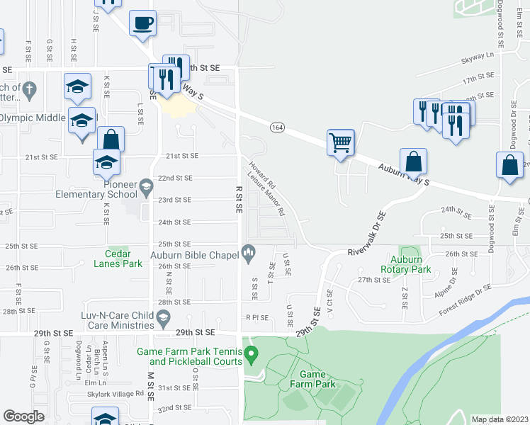 map of restaurants, bars, coffee shops, grocery stores, and more near 2302 R Street Southeast in Auburn
