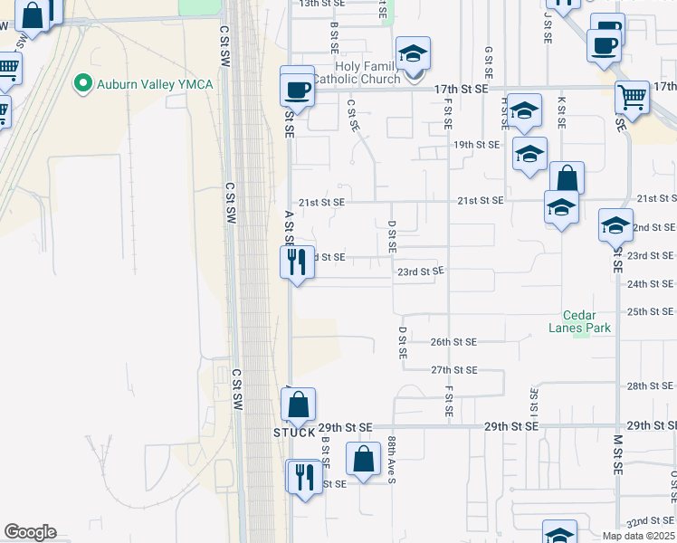 map of restaurants, bars, coffee shops, grocery stores, and more near 2304 A Street Southeast in Auburn