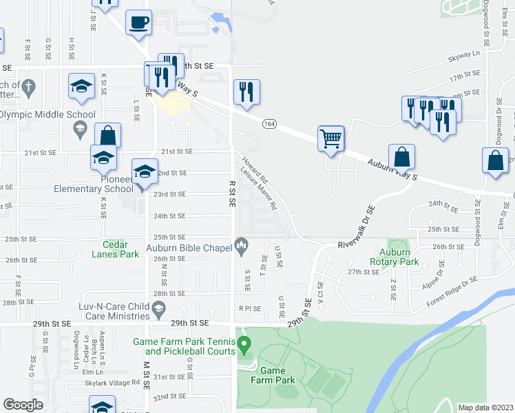 map of restaurants, bars, coffee shops, grocery stores, and more near 2302 R Street Southeast in Auburn