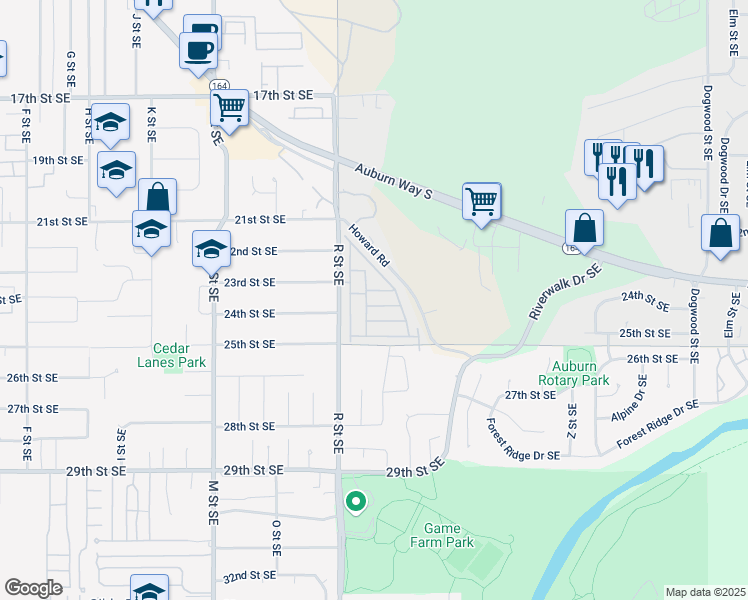 map of restaurants, bars, coffee shops, grocery stores, and more near 2302 R Street Southeast in Auburn
