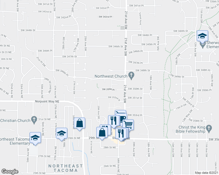 map of restaurants, bars, coffee shops, grocery stores, and more near 2315 Southwest 350th Place in Federal Way