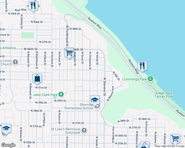map of restaurants, bars, coffee shops, grocery stores, and more near 4212 North Verde Street in Tacoma