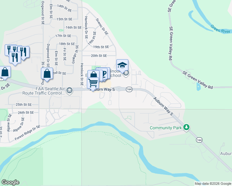 map of restaurants, bars, coffee shops, grocery stores, and more near 3435 Auburn Way South in Auburn
