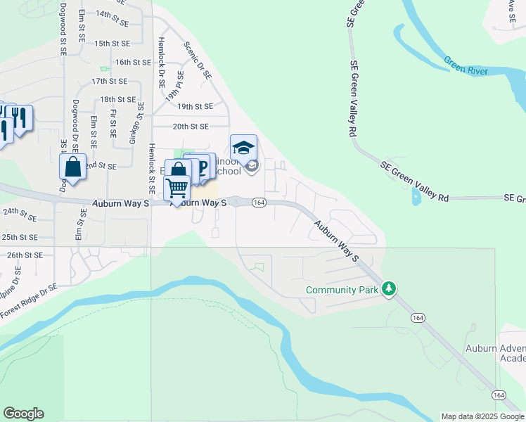 map of restaurants, bars, coffee shops, grocery stores, and more near 3605 Auburn Way South in Auburn