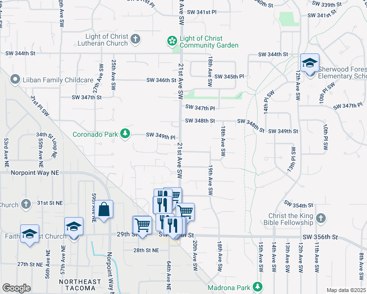 map of restaurants, bars, coffee shops, grocery stores, and more near 1957 Southwest 350th Street in Federal Way