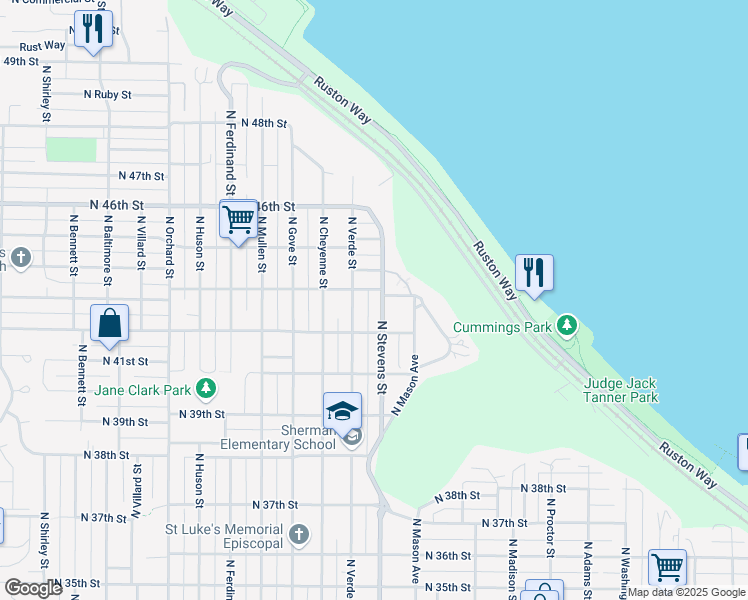 map of restaurants, bars, coffee shops, grocery stores, and more near 4209 North Stevens Street in Tacoma