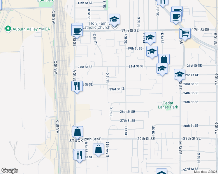 map of restaurants, bars, coffee shops, grocery stores, and more near 2304 A Street Southeast in Auburn