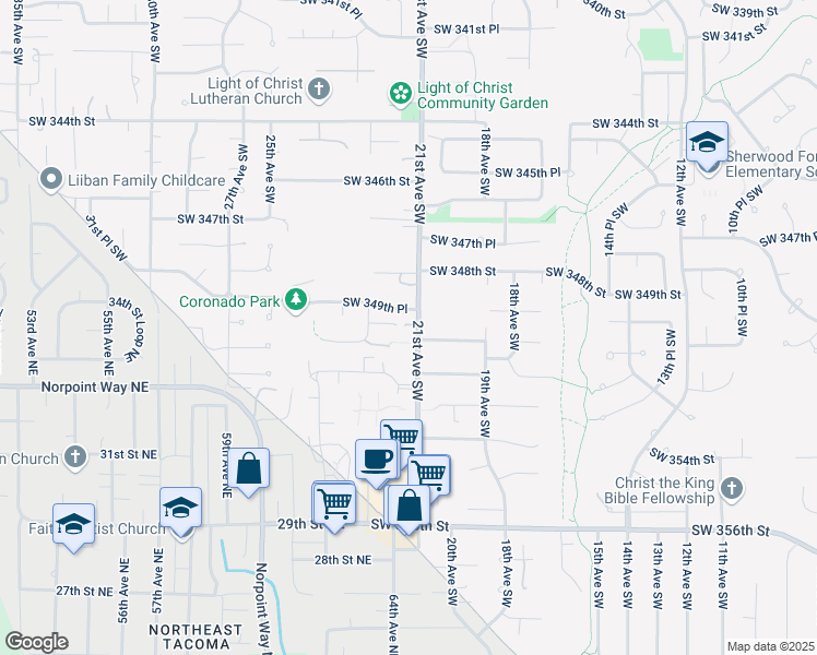 map of restaurants, bars, coffee shops, grocery stores, and more near 1957 Southwest 350th Street in Federal Way