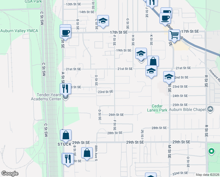 map of restaurants, bars, coffee shops, grocery stores, and more near 2301 F Street Southeast in Auburn