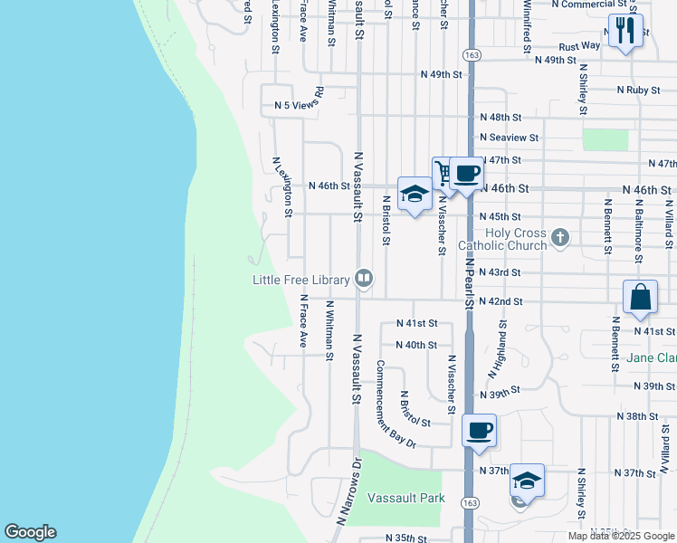 map of restaurants, bars, coffee shops, grocery stores, and more near 4210 North Vassault Street in Tacoma