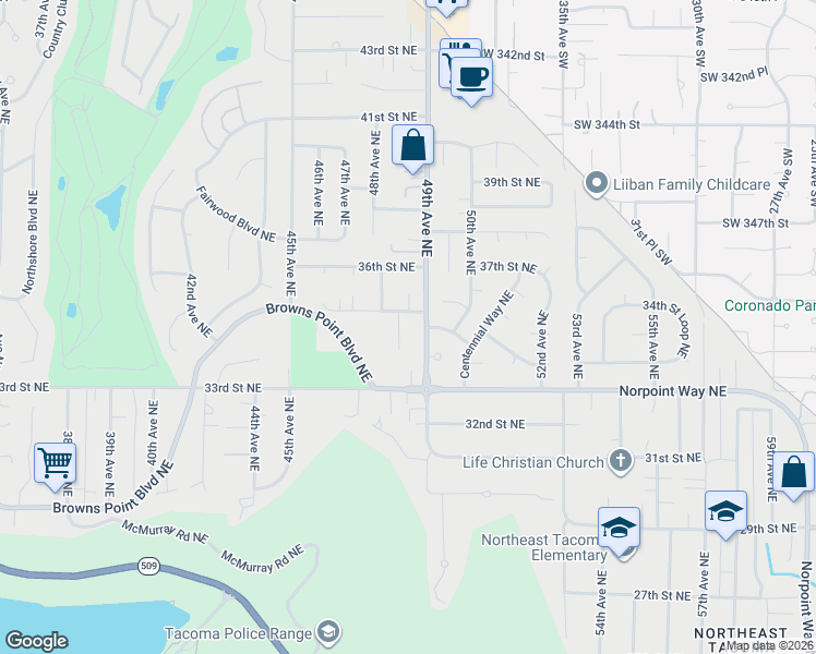map of restaurants, bars, coffee shops, grocery stores, and more near 3328 48th Avenue Court Northeast in Tacoma
