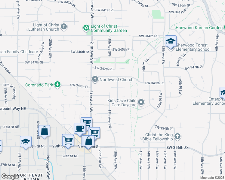 map of restaurants, bars, coffee shops, grocery stores, and more near 35022 19th Avenue Southwest in Federal Way