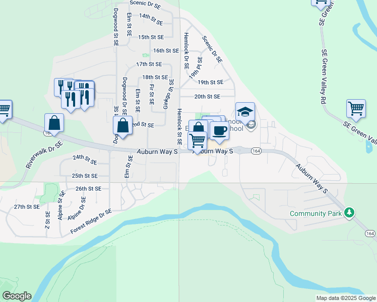 map of restaurants, bars, coffee shops, grocery stores, and more near 3216 Auburn Way South in Auburn