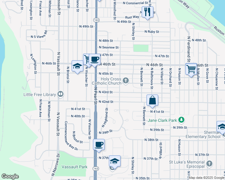map of restaurants, bars, coffee shops, grocery stores, and more near in Tacoma
