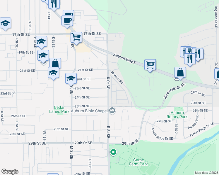 map of restaurants, bars, coffee shops, grocery stores, and more near 2302 R Street Southeast in Auburn