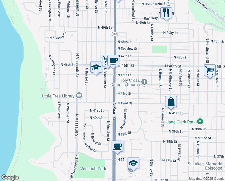 map of restaurants, bars, coffee shops, grocery stores, and more near 4319 North Pearl Street in Tacoma