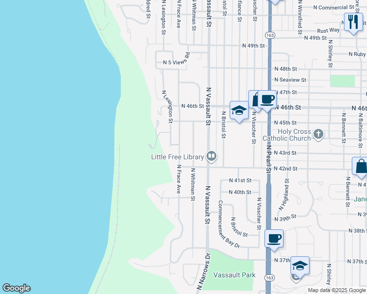 map of restaurants, bars, coffee shops, grocery stores, and more near 4250 North Whitman Street in Tacoma