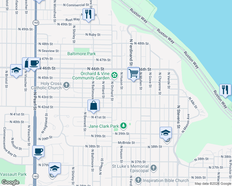 map of restaurants, bars, coffee shops, grocery stores, and more near 5013 North 43rd Street in Tacoma