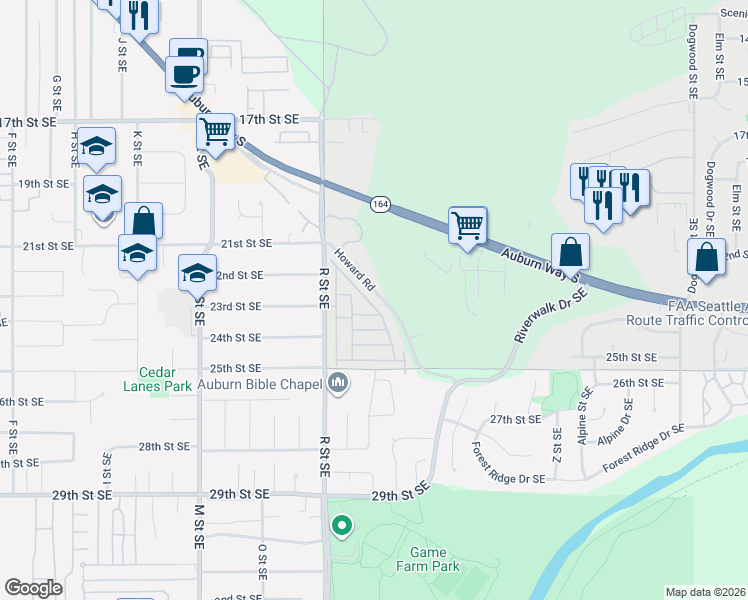 map of restaurants, bars, coffee shops, grocery stores, and more near 2320 R Street Southeast in Auburn